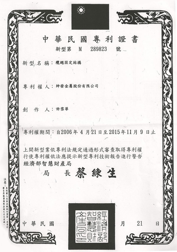 Patent No: M289823 (Taiwan)